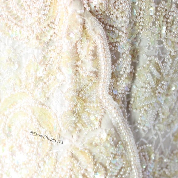 Handmade Women's Pastel Pink Sequin & Bead Satin Chiffon Handkerchief Hem Dress - Picture 7 of 10